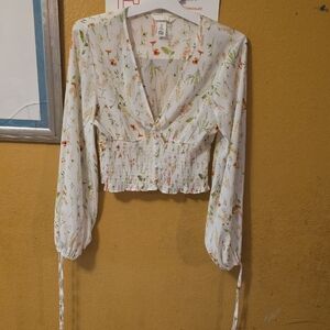 H&M White Floral Smocked Blouse